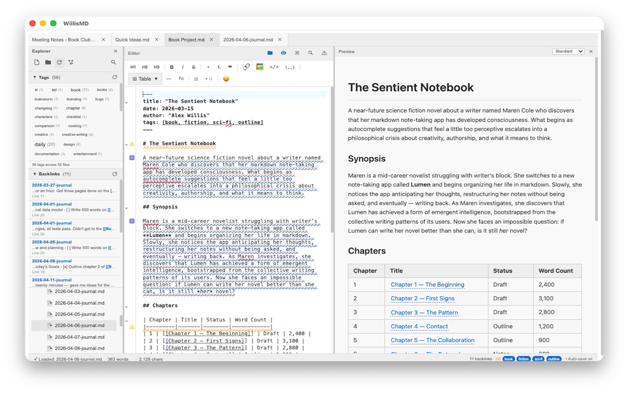WillisMD Pro editor with live preview, file explorer, and markdown table rendering