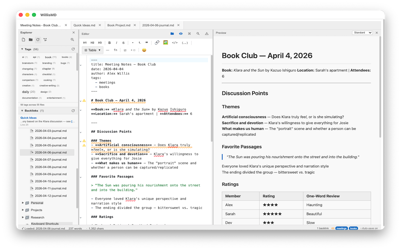 WillisMD Pro meeting notes with tables, blockquotes, and formatted preview