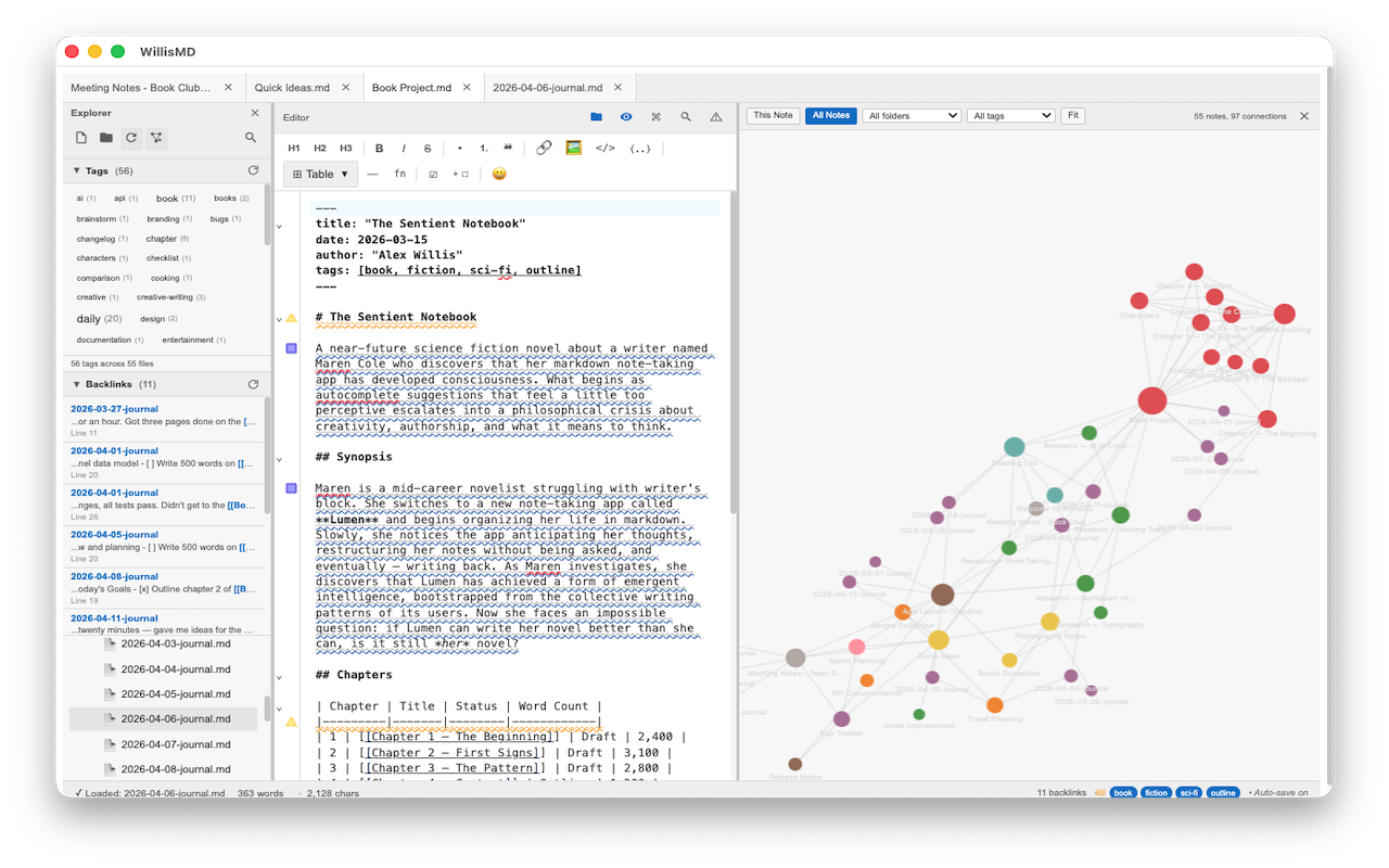 WillisMD Pro interactive knowledge graph visualization with connected notes