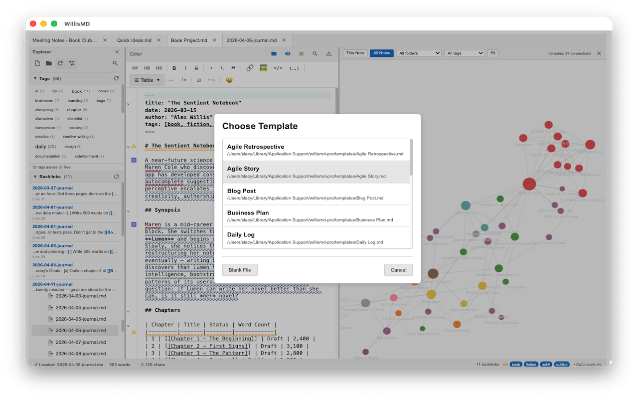 WillisMD Pro template chooser with built-in templates