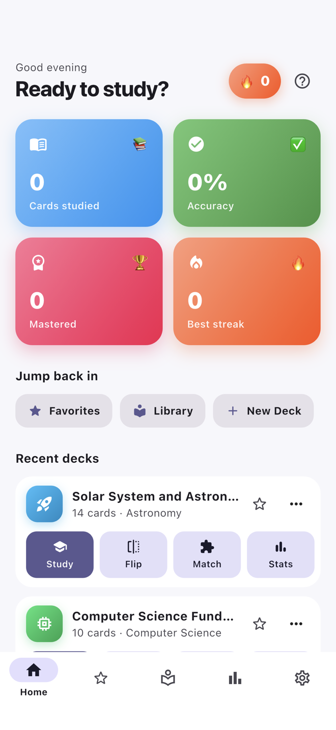 CardLoom home screen with study stats and recent decks