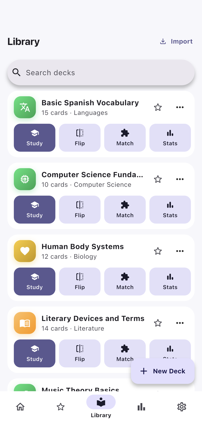 CardLoom library listing flashcard decks with study options
