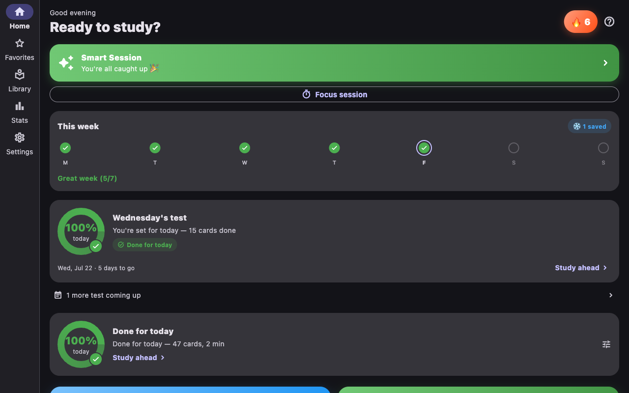 CardLoom on macOS with a Smart Session card, weekly study strip, streak and test readiness