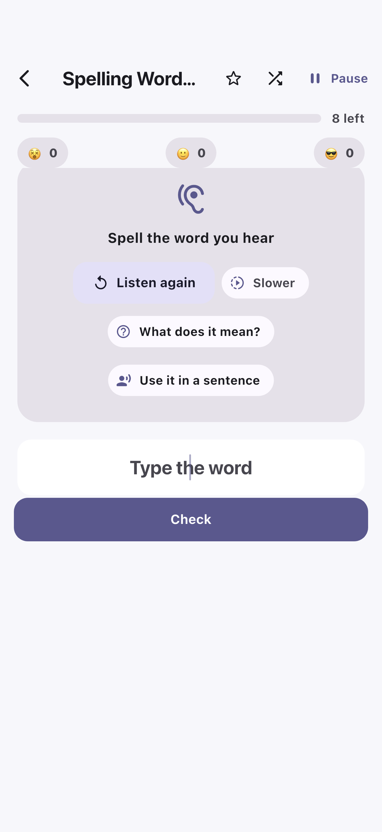 CardLoom spelling mode asking the learner to spell the word they hear, with listen-again, slower, definition and use-in-a-sentence helpers