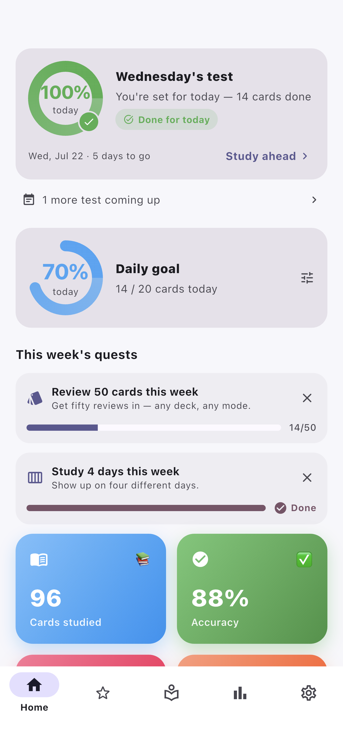 CardLoom home screen showing test readiness at 100% for today, a daily goal ring and this week’s quests
