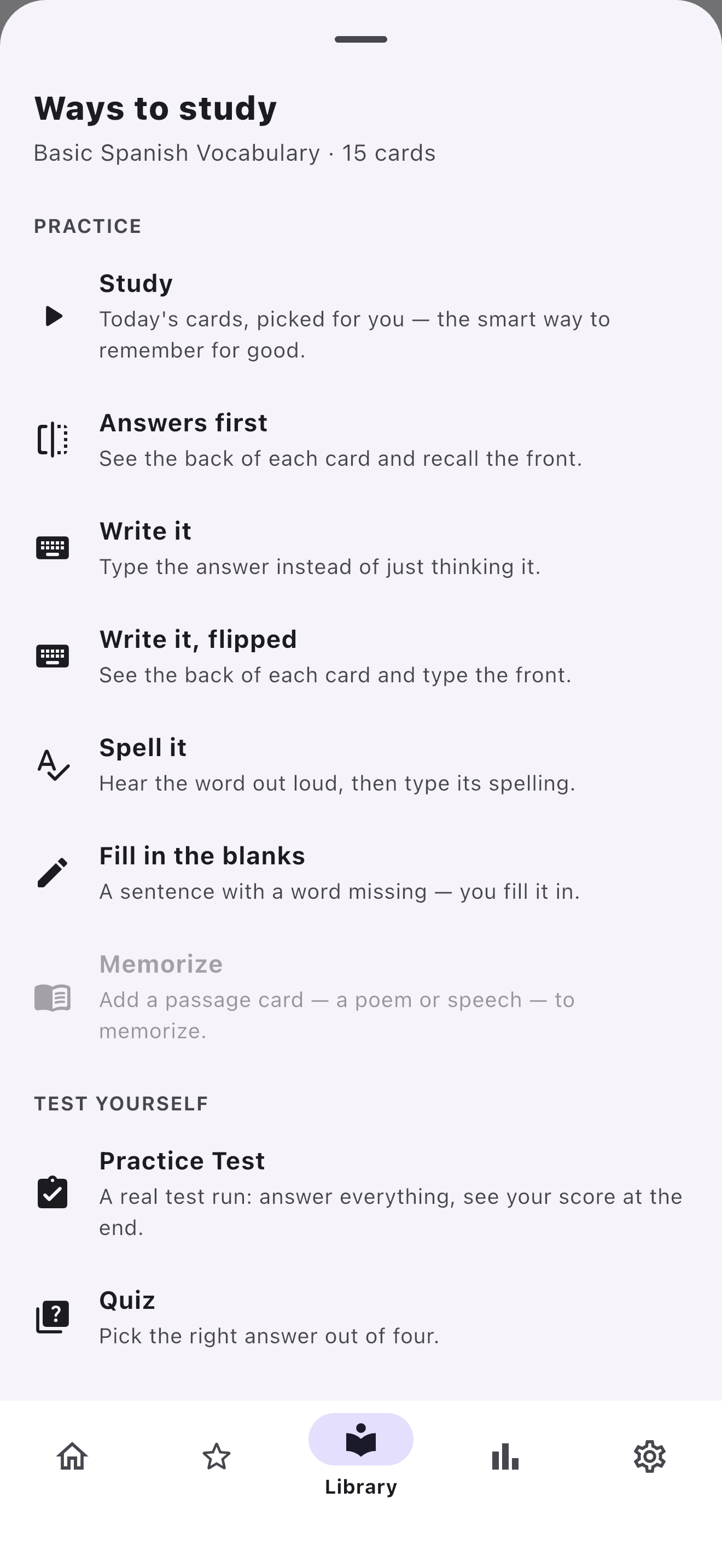 CardLoom's Ways to study screen listing nine study modes for a deck