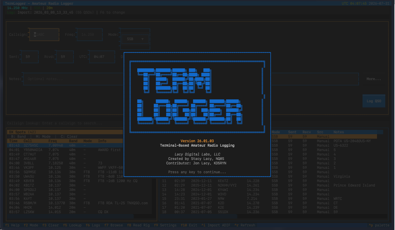TermLogger about screen showing the ASCII-art logo and version, over the logging interface