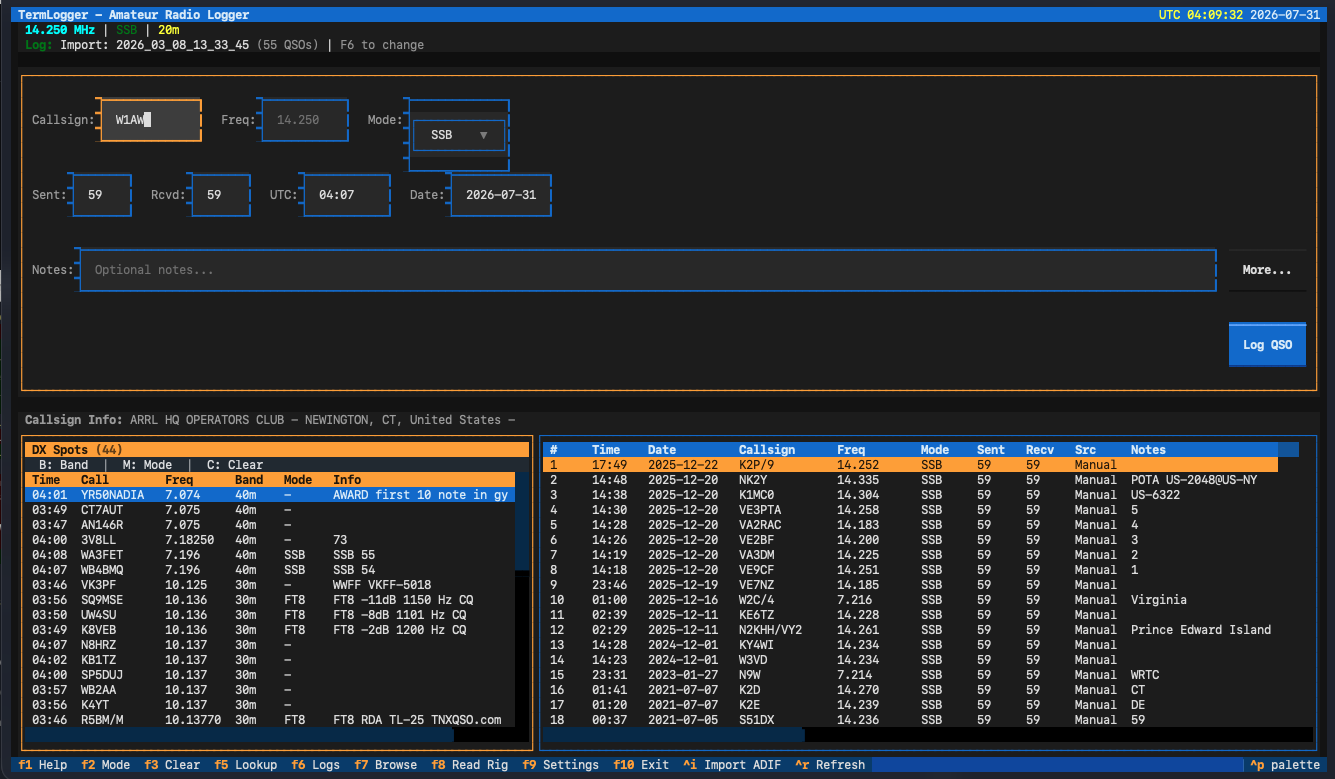 TermLogger running in a terminal: QSO entry with callsign, frequency and mode fields, live callsign info, a DX spots pane and the logged-contact list