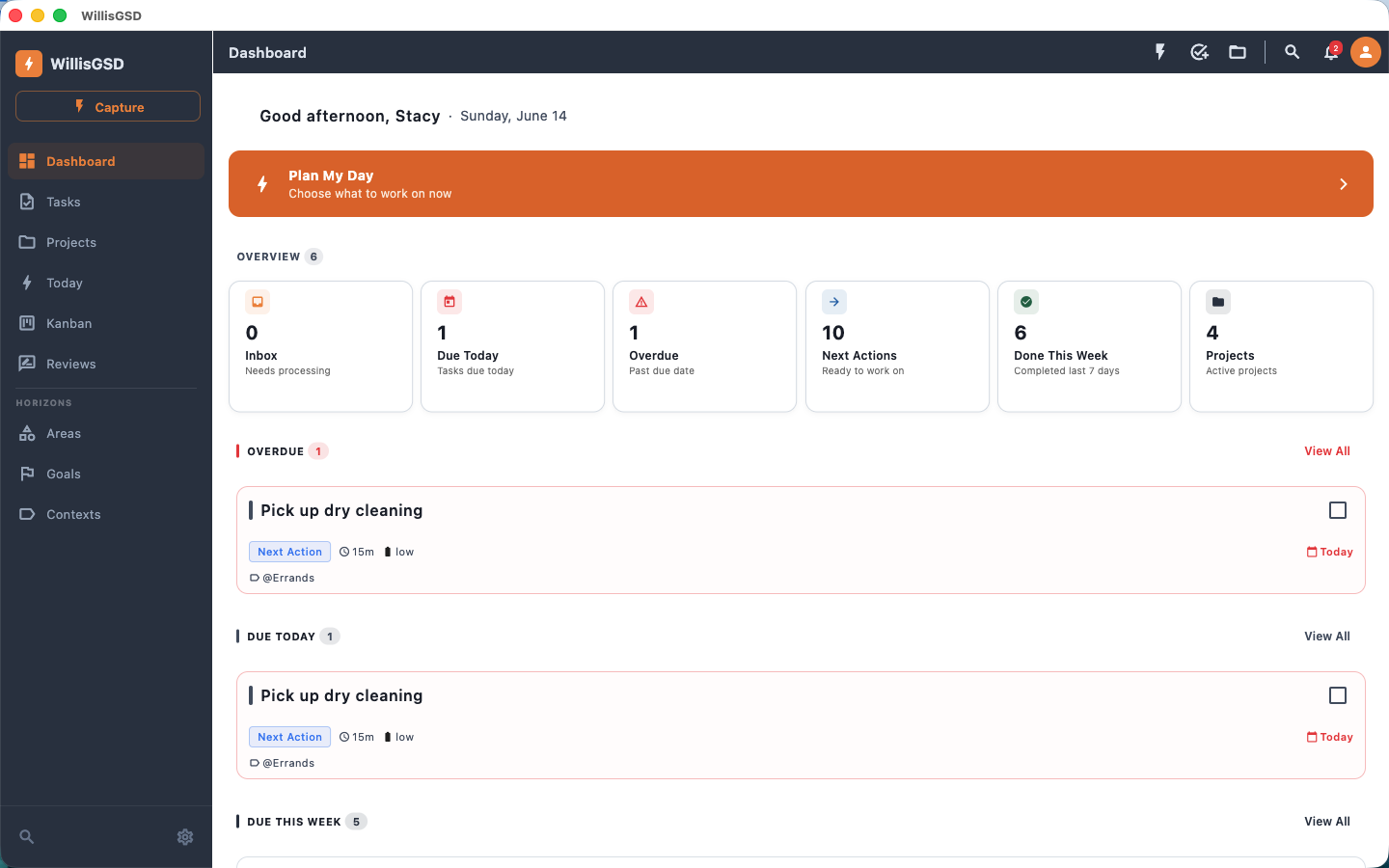 WillisGSD dashboard with task metrics and a Plan My Day card