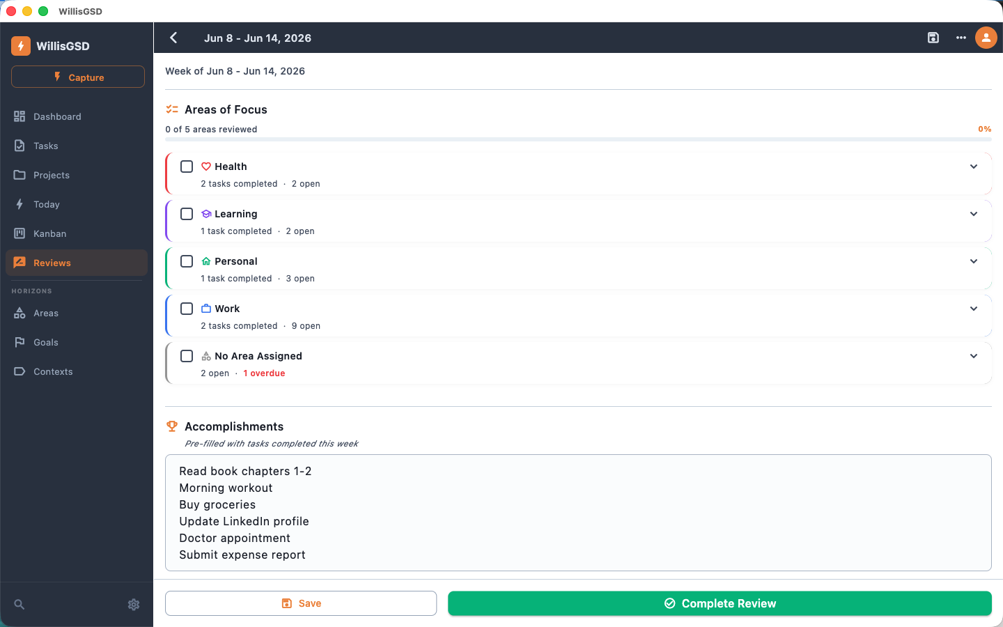 WillisGSD area-centric weekly review with auto-populated sections