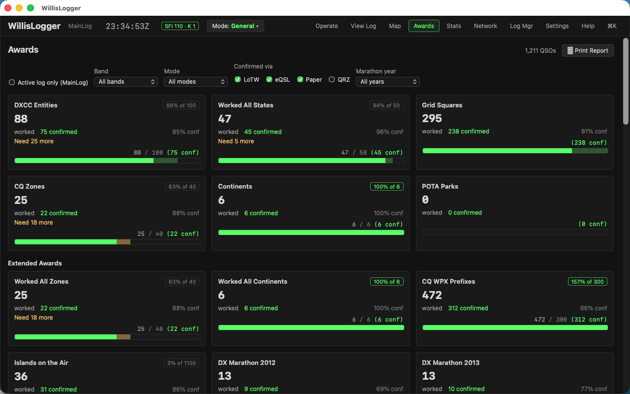 WillisLogger awards dashboard for DXCC, WAS, grids and POTA