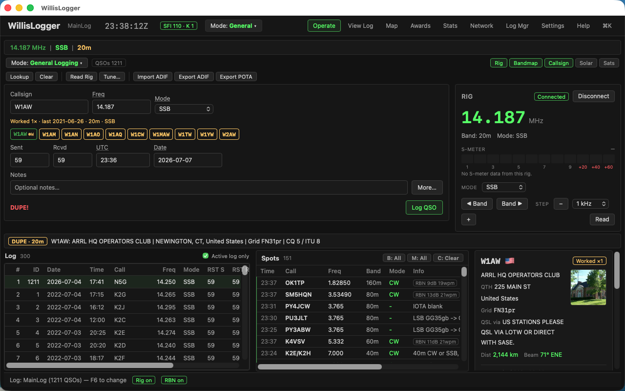 WillisLogger fast QSO entry with live lookup and duplicate checking