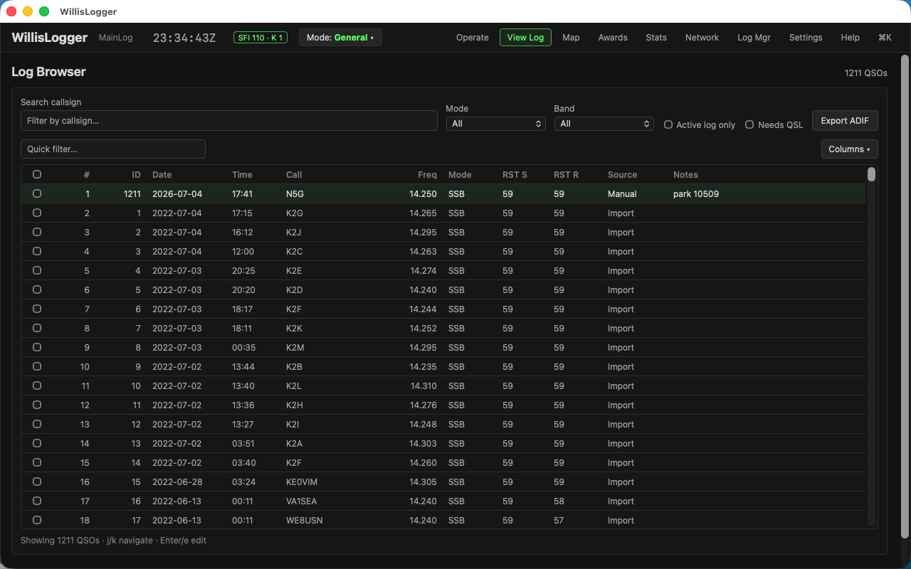 WillisLogger log browser with search, filters, columns and ADIF export