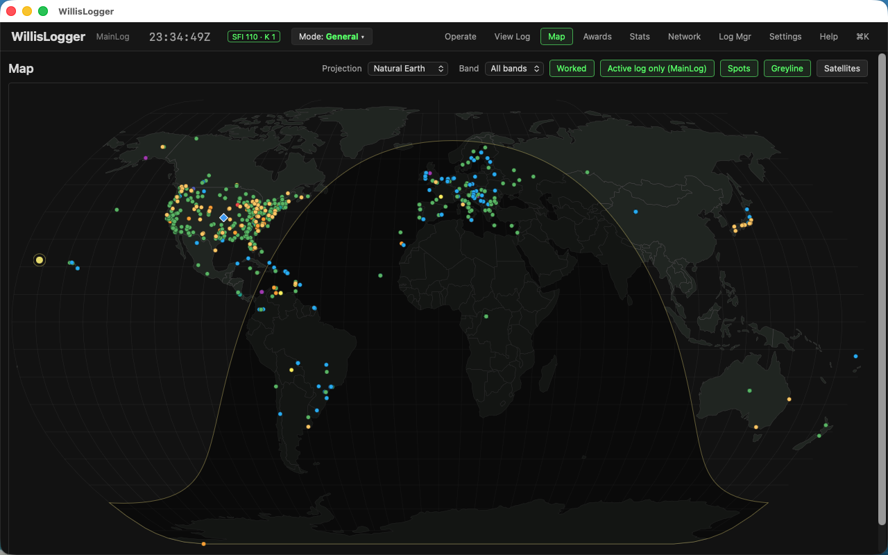 WillisLogger live world map with great-circle paths and greyline