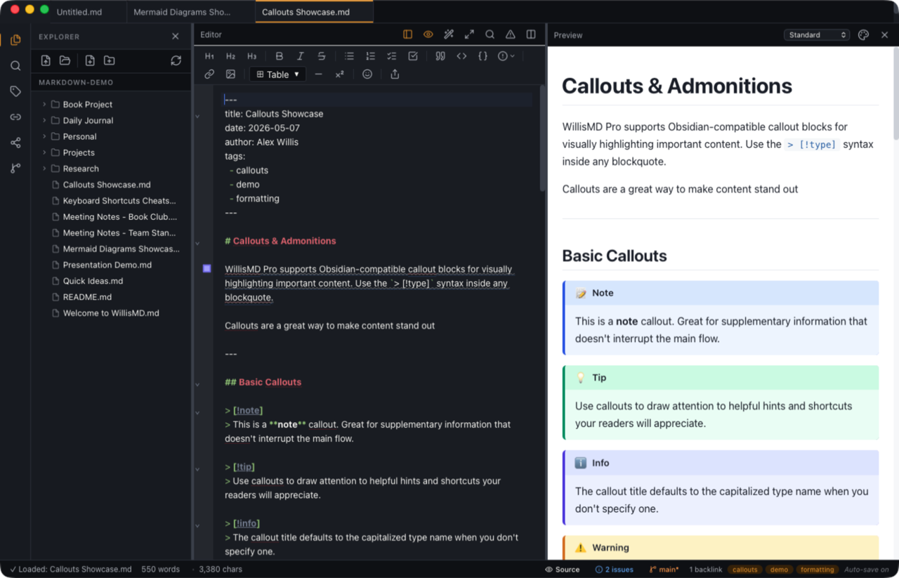 WillisMD Pro callouts and admonitions rendered in live preview