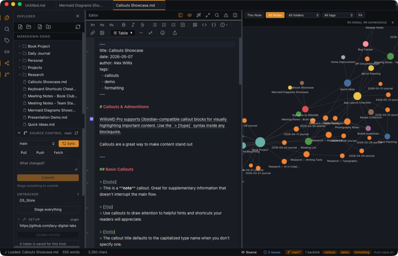 WillisMD Pro interactive knowledge graph with connected notes