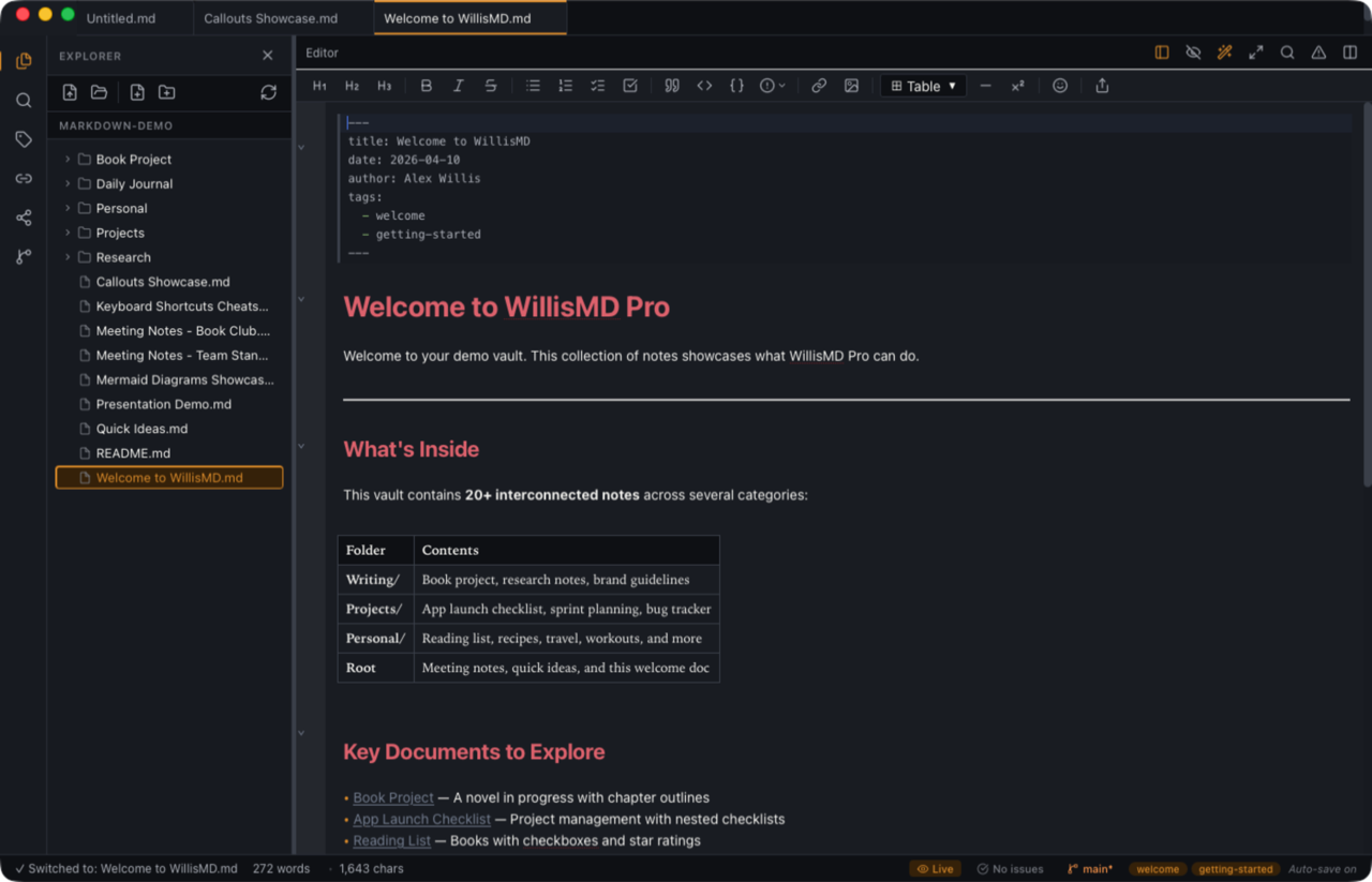 WillisMD Pro WYSIWYG live preview rendering markdown inline in the editor