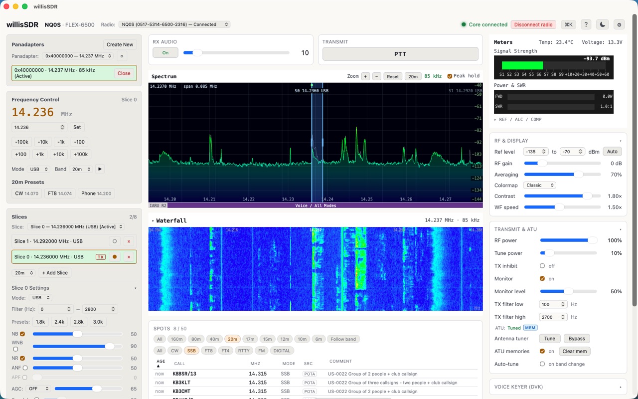 The same WillisSDR radio-control layout in light mode, with frequency control, band presets, slice list and the POTA spot list