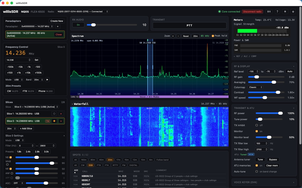 WillisSDR at 85 kHz span showing signal strength, power and SWR meters, DSP noise-blanker and noise-reduction sliders, and adjustable transmit filters