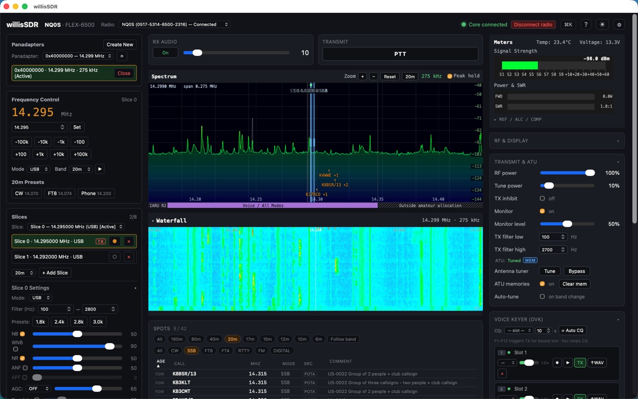 WillisSDR driving a FLEX-6500 with a live spectrum trace, spotted callsigns on the band and the waterfall beneath