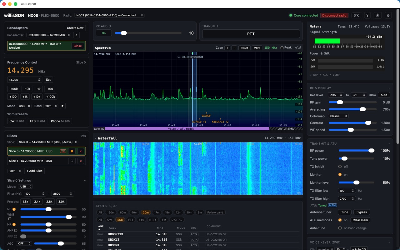 WillisSDR waterfall at 150 kHz span with two slices active on 20m, alongside waterfall colormap, contrast and speed controls