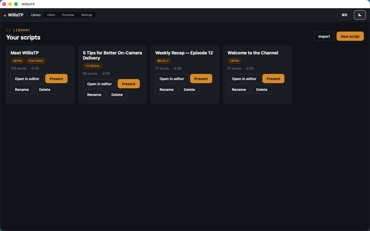 WillisTP script library — a grid of saved scripts, each with word count, read time, and a one-tap present button