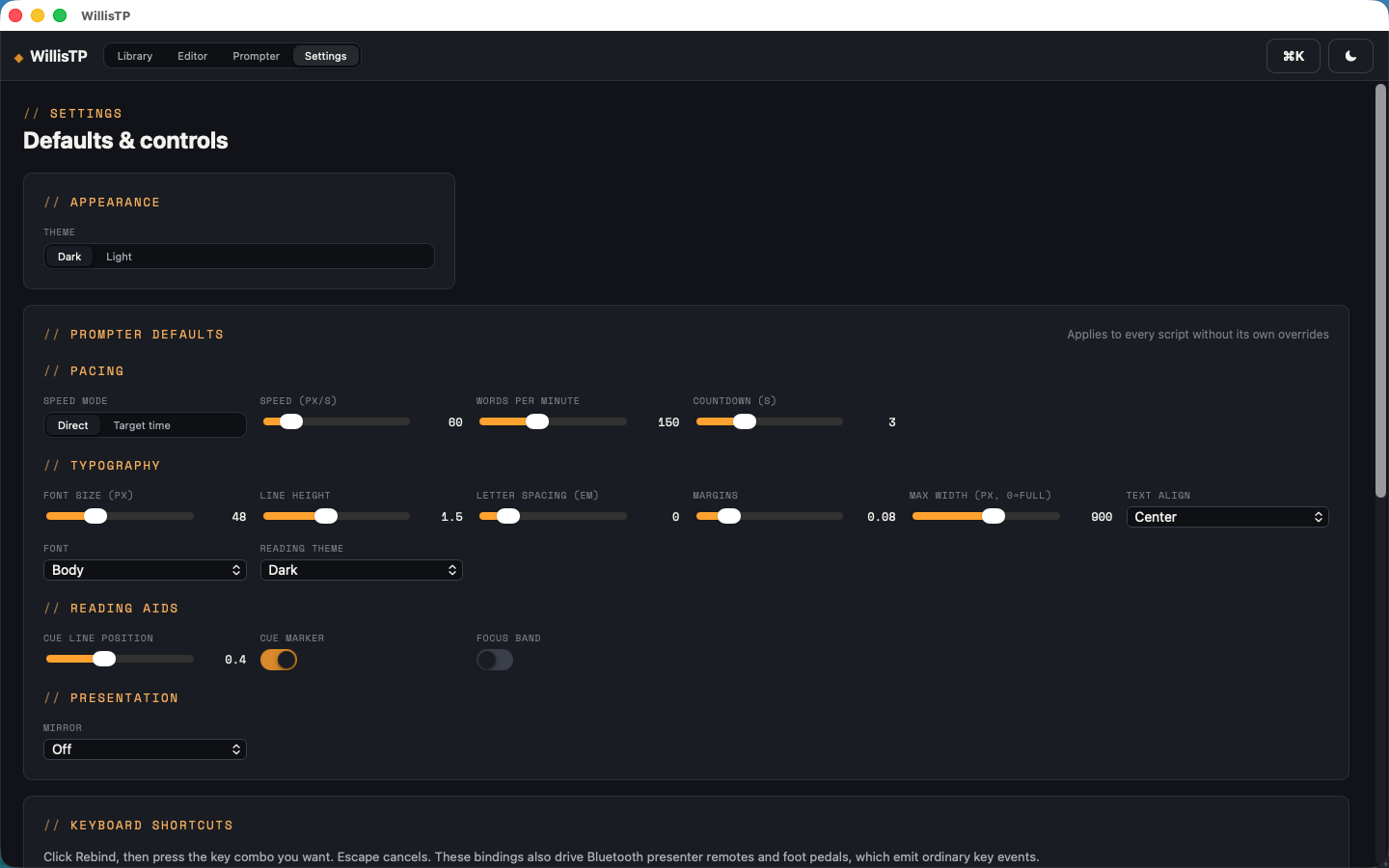 WillisTP settings screen for pacing, typography, reading aids and keyboard shortcuts